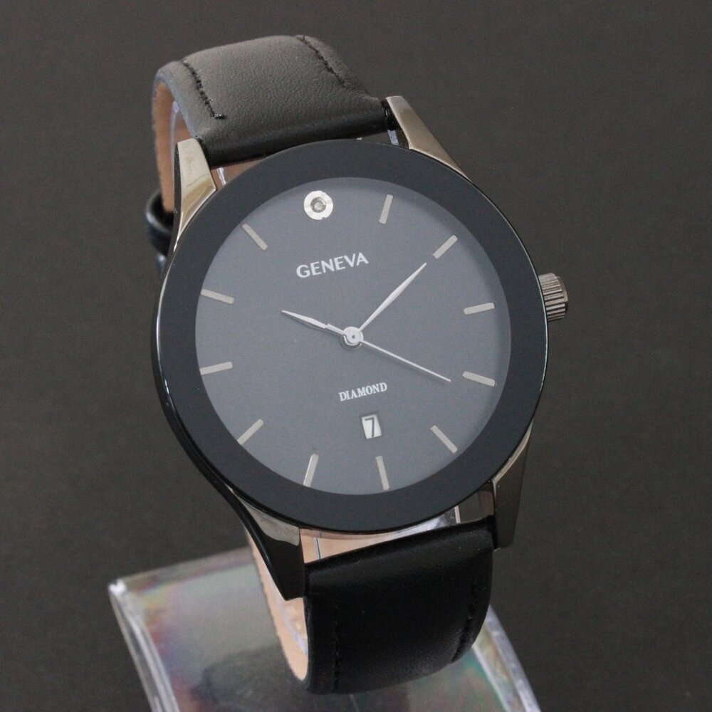 Geneva Men's Dress Watch Diamond At 12 Blacked Out Leather Strap 42mm - Picture 2 of 13